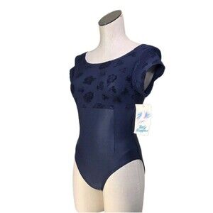 Body Wrappers VTG Embossed Floral Navy SS Dance Leotard Size Preteen Adult XS/S